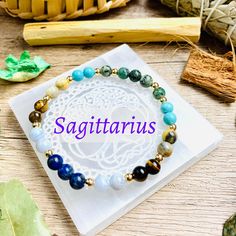 ✨Listing is for 1 Sagittarius Zodiac Crystal Beaded Bracelet. Each bracelet comes with a short summary of the crystals included. ♐Sagittarius (November 22 - December 21) ♐Gemstone Beads are 6mm. 14K gold plated beads are 4mm. ♐Size: Elastic bracelet, 1 size fits most. Fits most women wrist size 6 - 7 inches. Bracelets are stretchable and very comfortable to wear daily. ♐Each bracelet is designed with 6 different crystals that resonates with the traits of Sagittarius or enhances the energies that Sagittarius Birthstone, Crystal Zodiac, Glow Crafts, Sagittarius Gifts, Sagittarius Zodiac, 22 December, African Turquoise, Zodiac Gifts, December 21