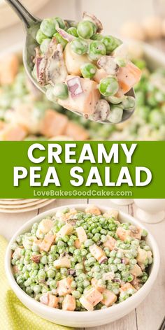 creamy pea salad with peas and ham in a white bowl