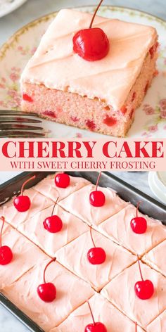 cherry cake with sweet cherry frosting and fresh cherries on the top is ready to be eaten