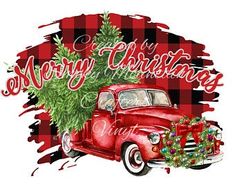 an old red truck with a christmas tree on the back and merry lettering above it