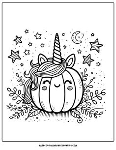 a black and white drawing of an unicorn pumpkin