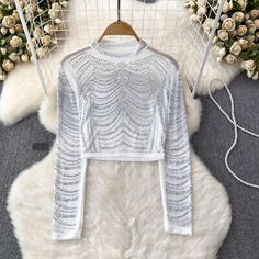 Great Shopping Women Sheer Mesh Crystal Shirts Rhinestone T-shirts Tops Blouse Slim Summer Top , Womens Tops Long Sleeve T-shirt For Spring Party, Glamorous Embellished Tops For Fall, Stretch Sequin Crew Neck Top, Party Top With Stretch And Crew Neck, Glamorous Stretch Tops For Party Season, Glamorous Crew Neck Party Tops, Glamorous Long Sleeve Top For Summer, Stretch Crew Neck Top For Party, White Stretch Party Top