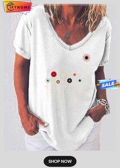 Casual Cotton-blend Short Sleeve Floral T-top Casual White V-neck Top, White V-neck Casual Top, White Graphic Print V-neck Top, Spring V-neck Graphic Tee, White Casual Tops For Spring, Casual White Tops For Spring, Casual Graphic Print Tops For Spring, Summer Graphic Tee With V-neck, V-neck Graphic Print Tee