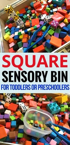 a bin full of colorful wooden toys with the title square sensory bin for toddlers or preschoolers