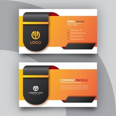 two business cards with an orange and black design