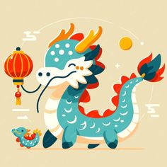 a blue dragon holding a lantern in its hand and standing next to it's tail