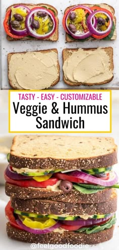 an easy and delicious veggie and hummus sandwich made with toasted bread