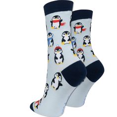 Penguin socks for women. Featuring cute penguins dressed up in hats and scarves for cold weather. These women's penguin socks are a great way to add a pop of color to any outfit. Casual Socks For Gift, Trendy Blue Socks For Winter, Comfortable Winter Socks, Fitted Winter Socks For Gift, Cute Fitted Winter Socks, Trendy Winter Socks, Casual Winter Socks For Stocking Stuffers, Trendy Winter Gift Socks, Playful Winter Socks For Gift