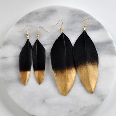 Black Feather Earrings, Gold Dipped Earrings, Black and Gold Feather,  Boho Earrings, Bohemian Earri Adjustable Black Feather Jewelry, Elegant Black Feather Jewelry, Black Feathered Jewelry For Party, Black Feather Jewelry For Party, Bohemian Black Feather Earrings, Tube Crafts, Gold Feather Earrings, Unique Earring, Ceramic Earrings