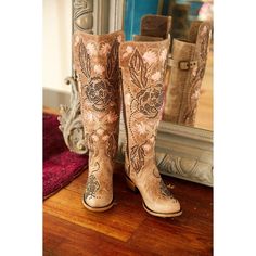 Gabbie Is Made Of Taupe Leather With Intricate Flora And Fauna Embroidery, Studs And Beading. Details: Shaft Height: 15" Heel Height: 1.25" Toe Design: Oval-Toe Sizing: Fits True To Size Western Leather Embellished Boots, Embellished Brown Round Toe Boots, Brown Embellished Round Toe Boots, Western Style Embellished Leather Boots, Western Beige Boots With Flat Heel, Embellished Leather Boots With Snip Toe, Leather Embellished Boots With Round Toe, Leather Embellished Round Toe Boots, Embellished Round Toe Leather Boots