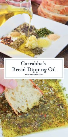 the process of making bread dipping oil with garlic and herbs on top, in a white square plate