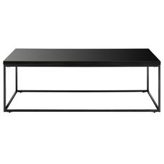 a black coffee table sitting on top of a metal frame base with an open shelf underneath it