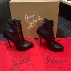 Christian Louboutin Ankle Boots. Black Leather With Hook And Eye Elastic And Metal Closures. Very Easy To Get On And Off. Comfortable. Only Wear Is On Bottom Soul. Heels Are Perfect And Rubber On Ends In Great Shape. Comes With The New Heel Bottoms Too. A Classic Fall/Winter Bootie. Comes With Dusters And Box. Party Boots With Red Sole In Calf Leather, Luxury Heeled Boots With Red Sole And Round Toe, Luxury Boots With 4-inch Heel And Round Toe, Designer High Ankle Heels For Evening, Leather Boots With Red Sole For Night Out, Designer High Ankle Heeled Boots For Evening, Luxury Party Boots With Red Sole, Designer Ankle Boots With Red Sole, Designer Round Toe Boots For Night Out