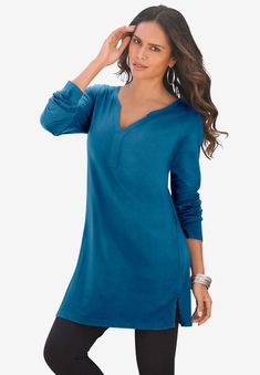 <div>Relaxed yet refined, this oversized, easy-to-wear tunic features a banded collar with Y-neckline and side slits. It's the better-than-basic piece you need</div> Plus Size Tunics, Peacock Teal, Big And Tall Outfits, Current Fashion Trends, Tunic Length, Long Shirt, Cotton Knit, Plus Size Tops, Everyday Outfits