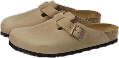 Casual Brown Cork Clogs, Casual Cork Clogs With Round Toe, Classic Suede Clogs With Buckle Closure, Casual Slip-on Cork Clogs, Casual Cork Slip-on Clogs, Casual Clogs With Leather Footbed, Spring Leather Clogs With Cork-bed Midsoles, Classic Suede Clogs With Cork-bed Midsoles, Casual Closed Toe Cork Clogs