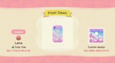 an animal crossing game screen with the name pixel dawn on it's back side