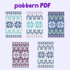 four knitted patterns in different colors and sizes, with the words pattern df