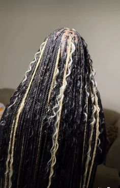 follow for more Knotless Box Braids With Blonde Streaks, Knotless Box Braids Medium With Curls Blonde, Colour Braided Hairstyles, Curly Black Braids, Small Black And Blonde Knotless Braids, Braids With White Highlights, Black Blonde Peekaboo Braids, 4 27 30 Knotless Braids, Goddess Braids Color Ideas