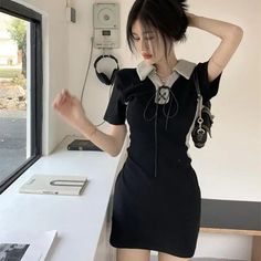 44605189030110|44605189062878|44605189095646|44605189128414 Bodycon Tshirt Dress, Polo Collar Dress, Korean Preppy, Y2k Mini Dress, Black Collared Dress, Streetwear Korean, Short Sleeve Summer Dresses, Summer Streetwear, Preppy Summer