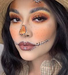 25 Scarecrow Makeup Ideas: Cute and Easy Halloween Looks for Women and Kids Scarecrow Women’s Makeup, Scarecrow Easy Makeup, Scarecrow Eye Makeup, One Direction Makeup Ideas, Easy Halloween Pumpkin Makeup, Women Scarecrow Makeup, Scar Crow Makeup Halloween, Easy Halloween Makeup Looks For Kids, Girl Scarecrow Makeup