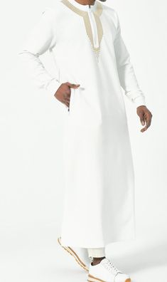 Embroidered Long Thobe for Muslim Men Kamees Wading Dress, Modern Islamic Clothing, Thobes Men, Men Native, Arab Style, Wedding Kurta, Wedding Kurta For Men, Cream Suit, Mens Kurta Designs