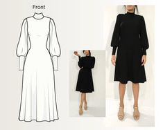 Easy Turtleneck Dress Sewing Pattern for Beginners Dress for Women Puff Sleeve PDF Sewing Pattern Elegant Midi Dress for Event - Etsy Puff Sleeve Dress Pattern, Sewing Pattern For Beginners, Bishop Sleeve Dress, Elegant Midi Dress, Elegant Midi Dresses, Turtleneck Dress, Mock Neck Dress, Bishop Sleeve, Dress Sewing Pattern