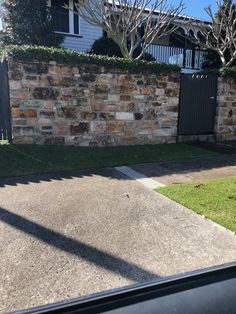 a cat is standing on the sidewalk in front of a brick wall and gated yard