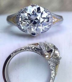 an old - fashioned diamond ring is shown next to the new one, which has been set in gold and silver