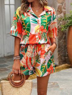 Multicolor Boho Collar   Floral,Plants,All Over Print  Embellished Non-Stretch  Women Clothing Short Sets For Women Two Pieces, Casual Sets, Two Piece Outfit, Oversized Shirt, Outfits Casuales, Women's Fashion Dresses, Printed Shorts, Fashion Ideas, Short Sets