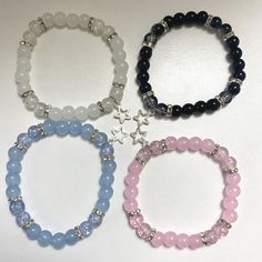 Match bracelets with your best friends! With these handmade 8mm glass bead bracelets Friends Beaded Bracelets, Matching Crystal Bracelets, Making Matching Bracelets, Cute Crystal Bracelets, Bff Matching Bracelets Aesthetic, 8mm Bead Bracelet, Glass Beads Aesthetic, 4 Matching Bracelets, Bracelet Handmade Ideas