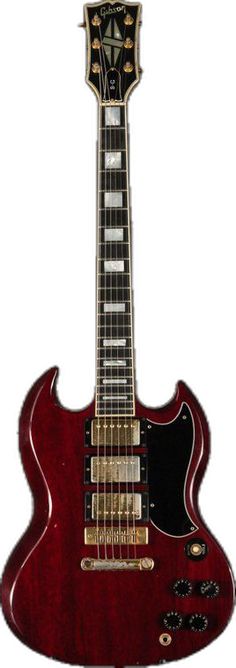 an electric guitar with a red body and black neck