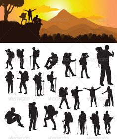 the silhouettes of people with backpacks and hiking equipment at sunset - people characters