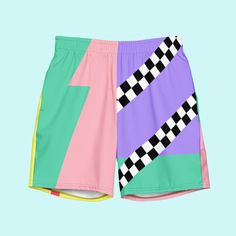 Color Block swim trunks with modern checkerboard and zig zag accents - these are LOUD so you can wear them proud.  Do you prefer to stay inside in the AC? Get this design on a hoodie! https://etsy.me/3NkGLwO * Fabric composition: 91% recycled polyester, 9% spandex * Liner composition: 92% polyester, 8% spandex * Fabric weight: 5.13 oz/yd² (174 g/m²)  * Four-way stretch water-repellent microfiber fabric * Anti-chafe mesh inner liner * Elastic waistband with drawcord * Mesh pockets * Small inside pocket * UPF 50+ Playful Black Beach Shorts, Playful Black Shorts For Summer, Retro Streetwear Shorts For Summer, Retro Multicolor Color Block Bottoms, Retro Summer Streetwear Shorts, Fun Multicolor Bottoms For Streetwear, Retro Color Block Swimwear, Retro Color Block Bottoms For Summer, Trendy Multicolor Sports Shorts