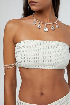 This Item is Final Sale. Elevate your evening attire with the Crystal Bandeau Top, a dazzling addition to your wardrobe from We Wore What. This exquisite bandeau top is adorned with shimmering crystals that cascade across the bodice, creating a... We Wore What, Swim Fashion, Bandeau Top, Basic Tops, Evening Attire, White Summer, We Wear, Formal Event, Final Sale