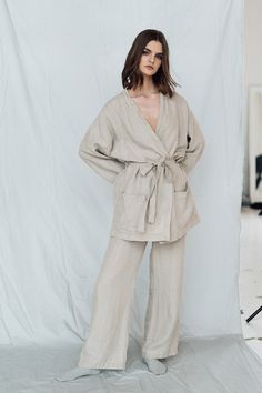 Linen shirt .Linen jacket. Linen shirt and linen pants .  LINEN PAJAMA SET. Japanese inspired oversized kimono jacket . Linen loungewear.  Order as set - shirt+ pants, or separate pants or shirt. Oversized linen shirt  featuring wide arms  two front pocket  open front with detachable tie- belt at waist long sleeves length 27,5 "/ 70 cm ( from the back to the bottom of the jacket ) Linen pants With elastic waistand two side pockets high waisted  straight leg inside leg : 28,7 "/73 cm  outside leg Linen Sets For Spring Daywear, Spring Linen Daywear Sets, Relaxed Fit Linen Sets For Spring, Casual Beige Linen Set, Kimono Styles, Oversized Linen Shirt, Linen Tunic Dress, Linen Pajamas, Belt Tying