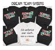 "🎉 Elevate Your Back-to-School Spirit with Customized Team Shirts! 🎓 Custom Shirts Squads Back to School, Back To School Shirt, Office Squad, Admin Squad, First Grade Squad, 4th Grade Teacher Shirts, Most Likely To Teacher Tees Please send us a message to pick your style/model and the color of the shirt too. If you don't see your team, we can customize your team too.  Are you and your squad ready to make a stylish statement as you head back to school? Look no further - our Custom Shirts for Squads perfectly showcase your unity, style, and camaraderie. Whether you're part of the Office Squad, Admin Squad, First Grade Squad, or the esteemed Fourth Grade Team, our exclusive Back to School Shirt collection has something special for everyone.  Showcase Your Team Identity: Prepare to rock the Customizable Cotton Shirt For College, White Relaxed Fit Top For Teaching, Custom Print Black Top For Teacher Appreciation, Black Top With Custom Print For Teacher Appreciation, Black Custom Print School Shirt, Black Custom Print Shirt For School, Customizable White Shirt For School Spirit, Black Custom Print Top For Teacher Appreciation, Black Top With Text Print For Teaching