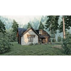 this is an artist's rendering of a small house in the woods with trees