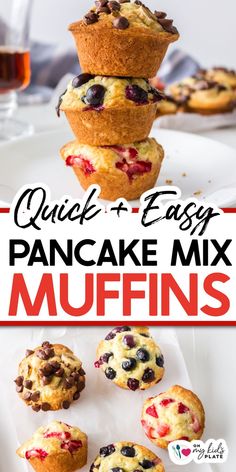 quick and easy pancake mix muffins with blueberries in the middle on a white plate