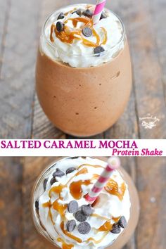 salted caramel mocha protein shake with whipped cream and chocolate chips on top