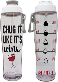 two wine bottles with matching decals on the side, one has a measuring cup