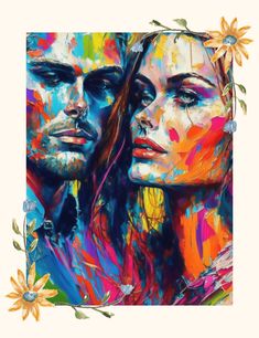 a painting of two people with colorful paint on them