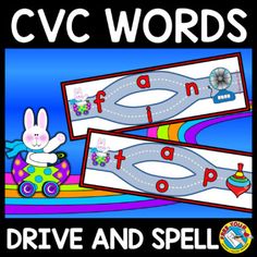 the cvc words drive and spell game is shown with an image of a bunny driving a