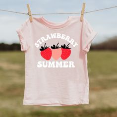 Strawberry Summer shirt for kids. This Shirt is perfect for summer berry picking and for sibling matching outfits.  Available Sizes: Infant, Toddler and Youth. Infant sizes will be printed on bodysuits. Toddler and child youth sizes will be t-shirts and a unisex fit. If in-between sizes, it is recommended to size up. These shirts are made to order, so please allow 2-6 business days for processing then shipping, however getting your order out as quickly as possible is a priority to me, so it may Summer Cotton Tops With Strawberry Print, Pink T-shirt For Spring And Summer Adventures, Pink T-shirt For Summer Adventures, Cute Pink T-shirt With Fruit Print, Cute Pink T-shirt With Strawberry Print, Playful Cotton T-shirt For Summer Adventures, Summer Sweet T-shirt With Letter Print, Sweet Summer T-shirt With Letter Print, Fun Pink Tops With Strawberry Print