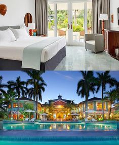 two pictures side by side one has a pool and the other has a hotel room