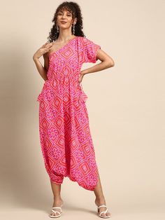 One Shoulder Bandhani Print Dhoti Jumpsuit vitansethnics Summer Party Sets With Printed Motifs, Summer Festive Ikat Print Sets, Festive Summer Ikat Print Sets, Fitted Festive Jumpsuits And Rompers, Fitted Jumpsuits And Rompers For Festive Occasions, Summer Party Sets With Gota Work, Fitted Jumpsuits And Rompers For Summer Festivals, Fitted Jumpsuits And Rompers For Festive Summer, Festive Harem Sets For Festivals