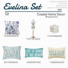 several decorative items are displayed on a white background with the words sequina set and coastal home decor