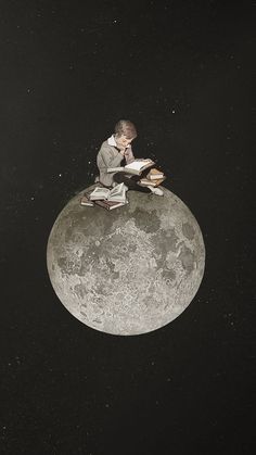 a boy sitting on the moon reading a book