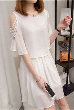 Summer Chiffon Dress Short Sleeve High Waist Off Shoulder A-Line Dress Material: Chiffon Collar: O-neck Length: Size XL measures 34.25" from shoulder to hem Pattern: Solid color Season: Summer White Chiffon Short Sleeve Party Dress, Elegant White Chiffon Mini Dress, Chic White Flowy Chiffon Dress, Fitted White Chiffon Knee-length Dress, Fitted Knee-length White Chiffon Dress, Elegant White Chiffon Dress For Brunch, White Flowy Chiffon Summer Dress, Chic White Knee-length Chiffon Dress, White Chiffon A-line Mini Dress