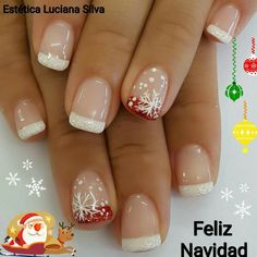 Nails Cristhmas Ideas, Xmas French Nails, French Manicure Christmas Nails, French Tip Christmas Nail Ideas, Snow Flake Nail Art, Winter French Manicure, Winter French Nails, Christmas French Manicure, Christmas Nails French