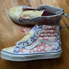 Pastel Vans Sneakers: Brand New High Top Fun Pastel(Yellow, Pink, Purple) Colors Beautiful Floral Pattern Back Zipper Detail Make Great Gift For Holidays Offers Welcomed Pet Free, Smoke Free Home Bundle And Make Me An Offer. Multicolor High-top Sneakers For School, Vans Summer Sneakers With Round Toe, Vans Sneakers For Summer, Multicolor Slip-on Sneakers For School, Fun Yellow Slip-on Sneakers, Casual Multicolor Sneakers For School, Casual Sneakers For School In Spring, Casual School Sneakers For Spring, Fun Multicolor Vans Sneakers